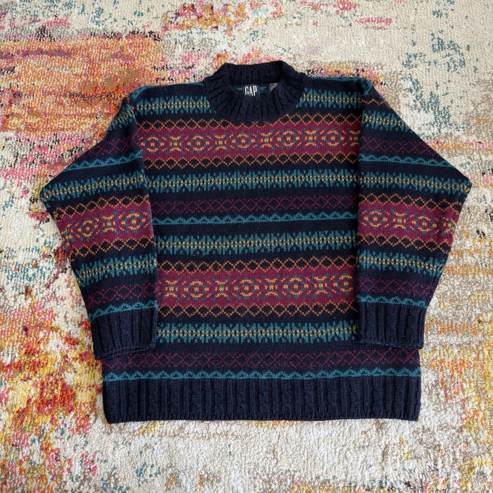 Vintage 90s GAP Fair Isle Wool Sweater Small Mens Blue Purple Geometric Knit Y2K
